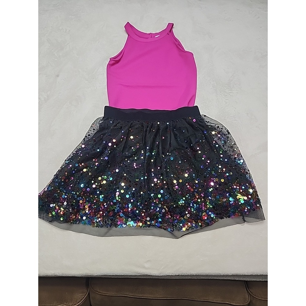 Beautees 2 Pc Hot Pink Bodysuit W/multi Colored Sequin Skirt Size 16